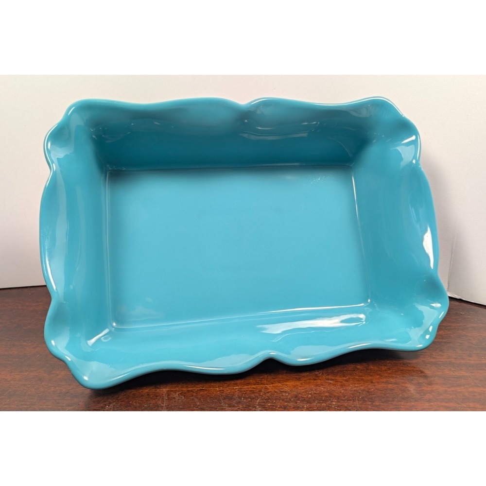 Pioneer Woman Teal Rectangular Ruffle Trim Ceramic Baker Flea Market Turquoise